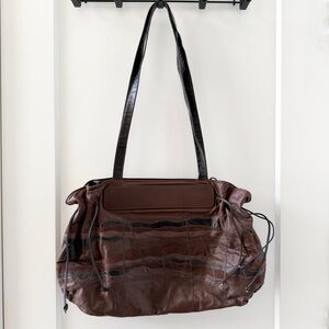 Vintage Carlos Falchi Exotic Leather Shoulder Patchwork Texture Brown Bag Ruched